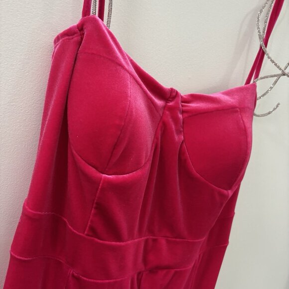 Fashion Nova Velvet dress jumpsuit Hot pink Rhinestone Straps Barbiecore party - Picture 4 of 16